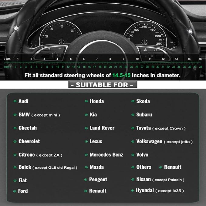 Xizopucy Diamond Leather Bling Steering Wheel Cover, Universal Car Steering Wheel Protector with Crystal Rhinestones Anti-Slip Soft Interior Accessories for Women and Girl Fit 15 inch -Black