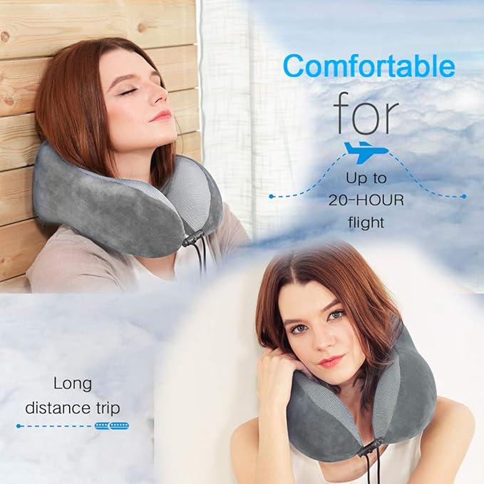 TALLGO Travel Pillow, Best Memory Foam Neck Pillow Head Support Soft Pillow for Sleeping Rest, Airplane Car & Home Use (Grey)