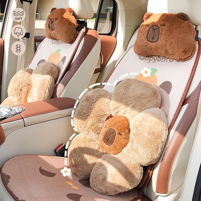 LYFJMUS 4 Pack Plush Capybara Car Headrest Pillow and Lumbar Support Pillow Kawaii Plushies Capybara Stuffed Headrest Cute Car Decor for Car Driving