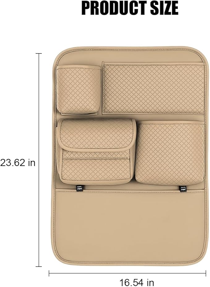 Car Backseat Organizer, 2PCS Leather Woven Multipurpose Vehicle Seat Back Protector with 4 Storage Pockets & Hook, Waterproof Automotive Kick Mat, Universal for SUV RV Truck (Beige)