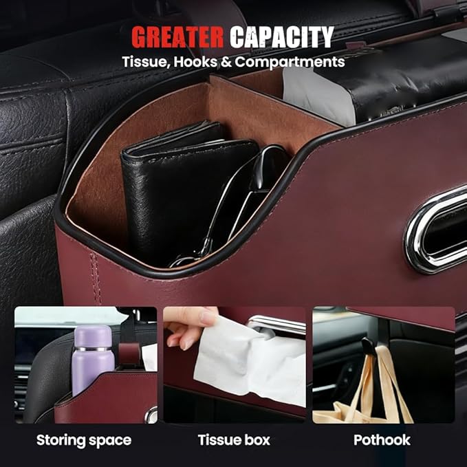 3-in-1 Car Backseat Organizer, 2026 Multifunctional Car Back Seat Storage Organize Box with Cup Holder Tissue Box, for Hold Phones, Snacks, Drinks, Handbags (Red)