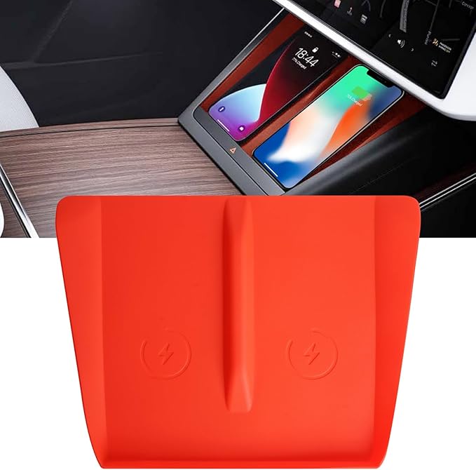 Center Console Wireless Charging Silicone Mat Compatible with Tesla Model X Model S 2023 2022 2021 Accessories Waterproof Cover Interior Pad Non-Slip Mats Phone Tray Upgrade (Red)