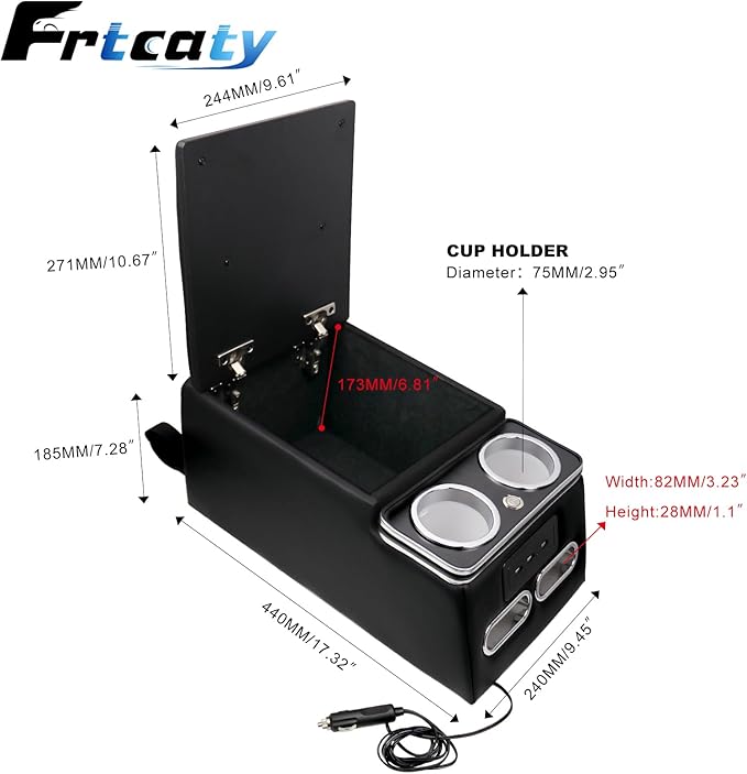 Black Universal Truck Seat/Bench Organizer with LED Light, USB Port, Cup Holders, Armrest, Padded Top Lid - Ideal for Business Upgrade Center Console Organizerand