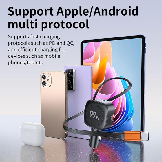 Retractable Car Charger, 99W USB C Car Charger Adapter, 3-in-1 Multi Port Fast Charging Car Accessories Compatible with iPhone 17/16/15 Series