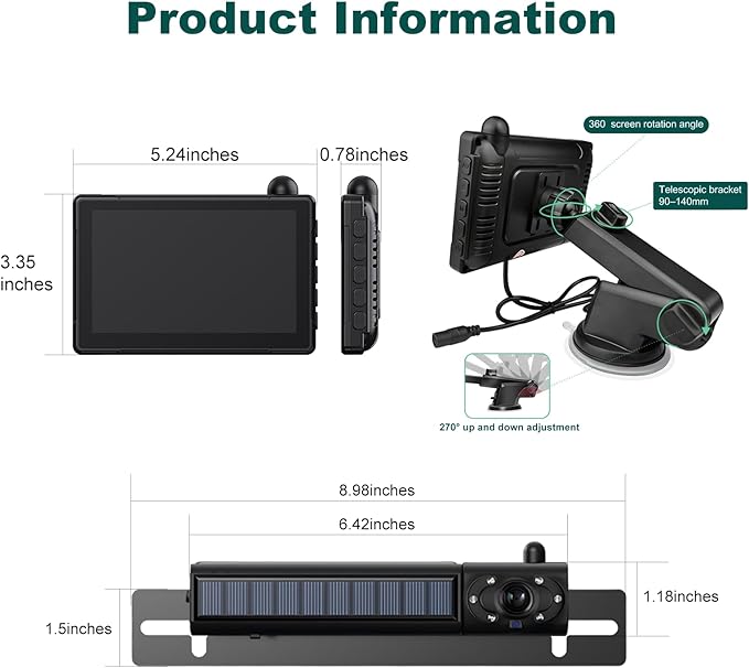 1080P Solar Wireless Backup Camera with 5in Monitor, 5000mAh Rechargeable Battery and Solar Panel, IP69K Waterproof, IR Night Vision, Support 2 Cameras, for Car, RV, Trailer, Camper (0092)