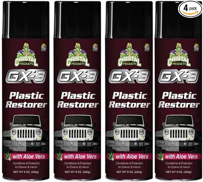 GX-3 Plastic Restorer – Black Plastic Restorer for Cars & Automotive Trim Restorer – Interior Car Cleaner & Exterior Faded Plastic, Vinyl & Rubber Renewer with Aloe Vera 4PK (8 fl oz)
