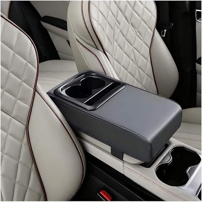 Car Center Console Armrest Pillow, Vehicle Armrest Seat Box Cushion Pad with Cup Holder & Phone Holder, Comfortable Auto Middle Console Cover, Universal for SUV RV Truck (Gray)