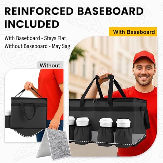 CIVJET Insulated Food Delivery Bag with 4 Cup Holder and Bottom Support, XX-Large Insulated Grocery Bags Keep Food Hot/Cold, Cooler Bags with Drink Carrier, Food Carrier Catering Bag for Events, Black