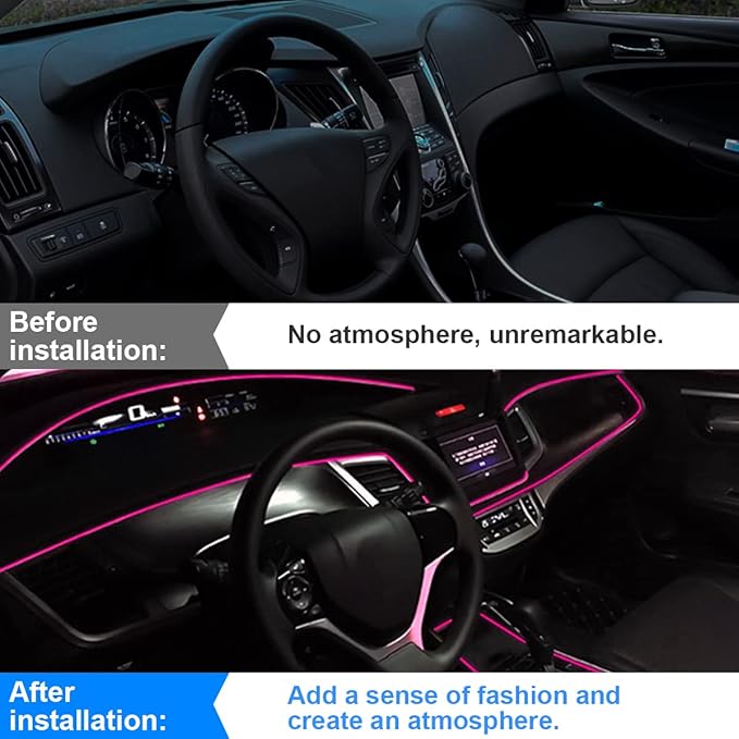 EL Wire LED Strip Lights, 10FT/3M USB Auto Neon Light Strip with Sewing Edge, Electroluminescent Car Ambient Lighting Kits with Fuse Protection, Car Decoration Accessories (Pink/10FT)