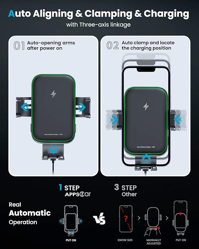 APPS2Car Dual Coil Wireless Car Charger Auto Clamping 15W Cup Holder Phone Wireless Charger Mount Fast Charge Tri-Pivots Height Adjustable Phone Holder Car Truck for iPhone 12-17, Samsung, LG, etc.