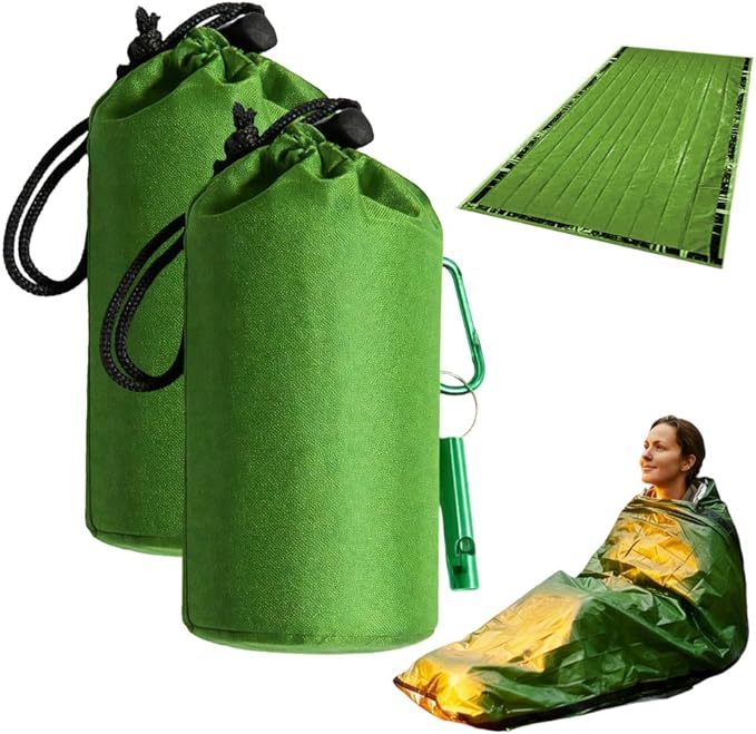 2026 New Blanket, Emergency Sleeping Bag for Survival, Blanket with Emergency Whistle Waterproof, Compact Lightweight, Emergency Mat for Survival Kit Car Camping Gear Hiking Go (Green*2)