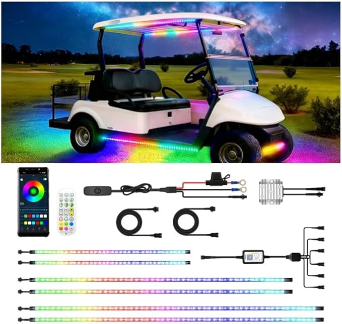 6 Pcs RGB+IC Golf Cart Underglow Light Strip with Roof Canopy Lights, 12V-80V Dream Color Chasing Light for EZGO Yamaha Club Car, Remote and APP Control, Voltage Reducer Included