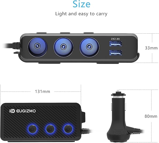 EUGIZMO Cigarette Lighter Plug Splitter, 3 Socket 200W Car Cigarette Lighter Adapter USB Charger Extension Cord Multi Port Power Plug 12V/24V Splitter with LED Voltage Display Independent Switches