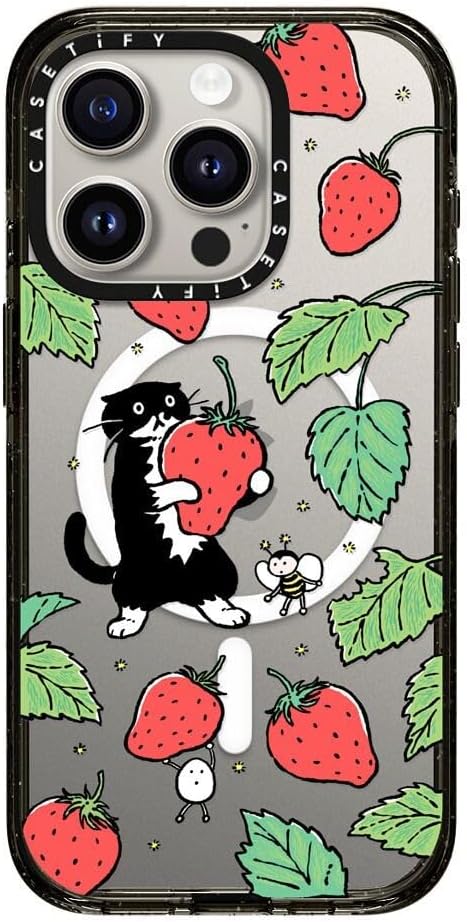 CASETiFY Impact iPhone 15 Pro Case [Slim/Compatible with Magsafe / 8.2 ft. 4X Military Grade Drop Protection] - Strawberry and Mo - Clear Black