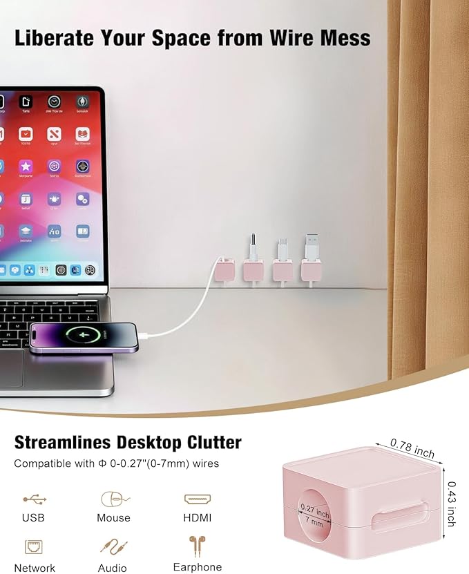 Magnetic Cable Clips 12-Pack Wire Tidy, Magnetic Cable Holder Office Desk Tidy Organizers and Accessories, Wire Management for Home, Wall, Car, Bedside, Pink