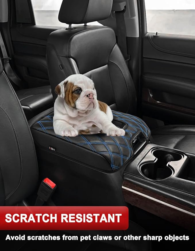 KBH Center Console Armrest Cover for Chevy Silverado & GMC Sierra 1500 2500 3500 2014-2018, Tahoe Suburban Yukon 2015-2020, Bucket Seat Console, Anti-Scratch, Black-Blue Double Stitch