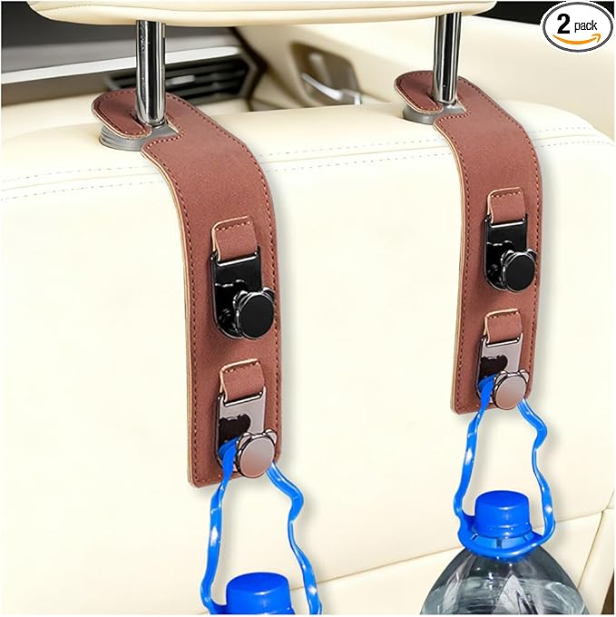 HZEL 2PCS Car Seat Headrest Hooks, Dual Hook Suede Vehicle Backseat Storage Holder for Purse Handbag Coat, Multifunctional Auto Seat Back Grocery Hanger Organizer, Universal for Vehicles (Brown)