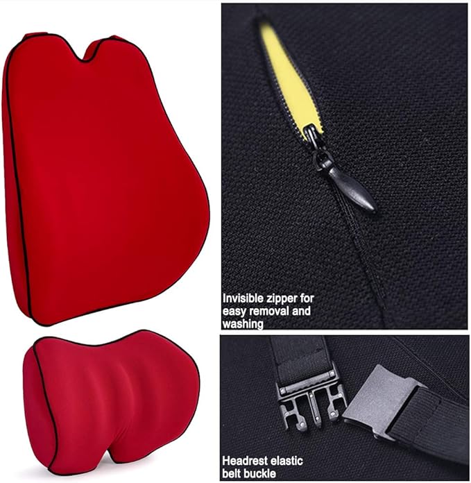 Car Lumbar Support Back Cushion & Headrest Neck Pillow Kit Cushion Memory Foam Universal Fit Major Car Seat with Back Pain Relief for Car Office Home 1PCS Red