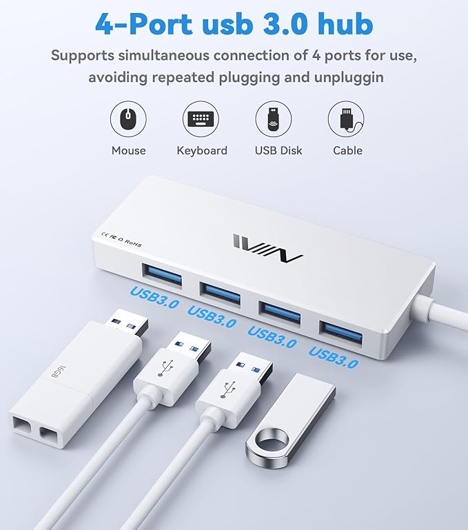 USB 3.0 Hub, 4 Port USB Hub Splitter, USB A Expander Portable USB Adapter Multiport Data Hub for Laptop, iMac Pro, MacBook Air, Mac mini/Pro, Surface Pro, USB Flash Drives, and Mobile HDD-White