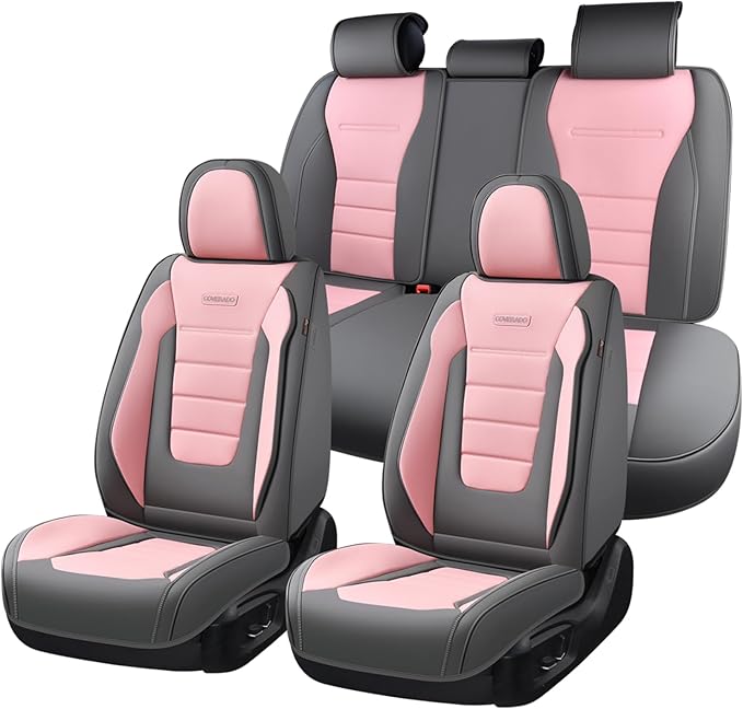 Coverado Car Seat Covers Full Set, Nappa Leather Seat Covers for Cars, Car Seat Protector Car Seat Cushion, Front and Back Seat Protectors Cushions Universal Fit for Most Cars Vehicles(Gray&Pink)