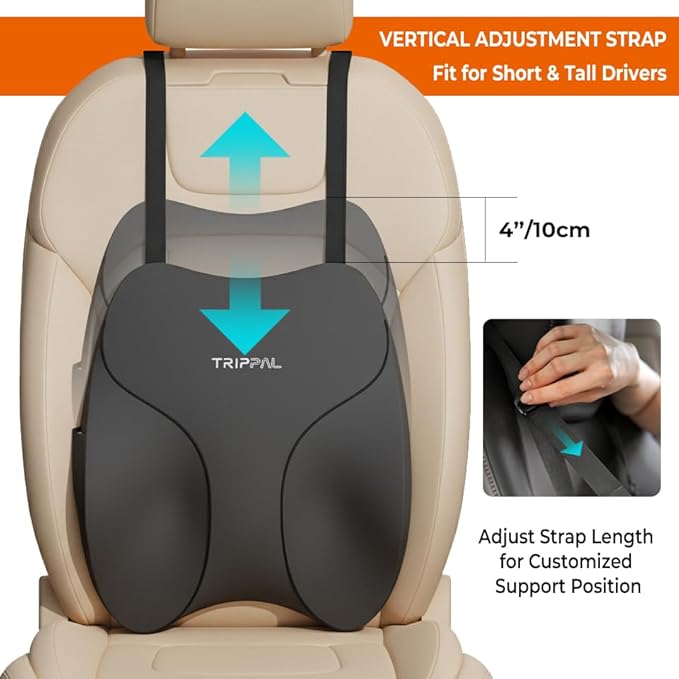 Adjustable Lumbar Support for Car: 4-Way Lower Back Pillow with 3" D & 4" H Adjust for Long Distance Driving - Low Profile No Push-Forward for Car & Truck Drivers
