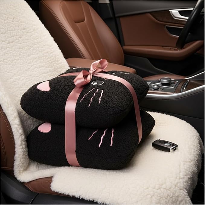 Cute Plush Black Cat Car Seat Headrest and Lumbar Support Pillow Set, Soft Neck Cushion for Driving Comfort, Set of 2