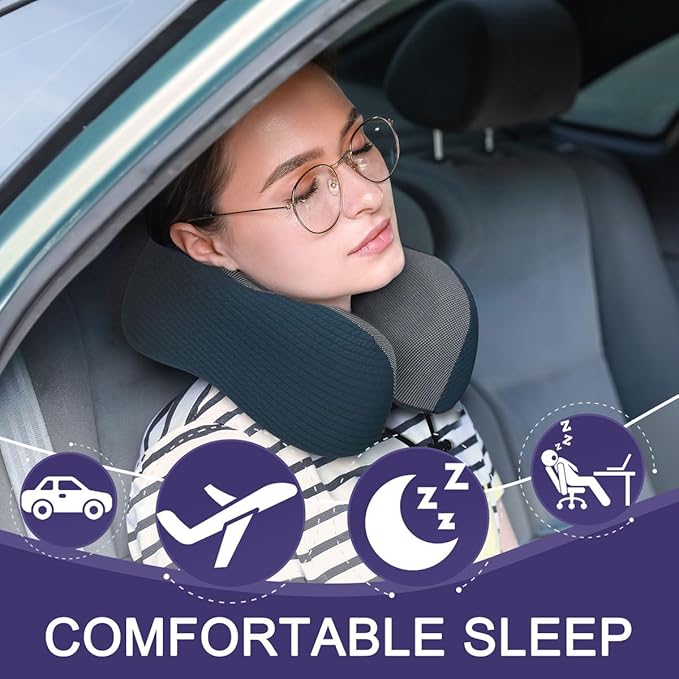 napfun Neck Pillow for Traveling, Upgraded Travel Neck Pillow for Airplane 100% Pure Memory Foam Travel Pillow for Flight Headrest Sleep, Portable Plane Accessories, Deep Blue Striped Kit