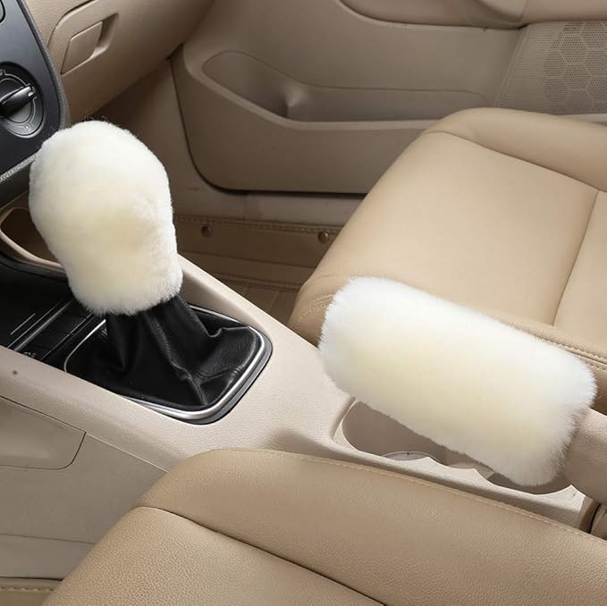3Pcs/Set Pure Wool Fur Furry Steering Wheel Cover, Soft Fluffy Handbrake Cover Gear Shift Cover for Women Car SUV Truck Australia Sheepskin Accessories