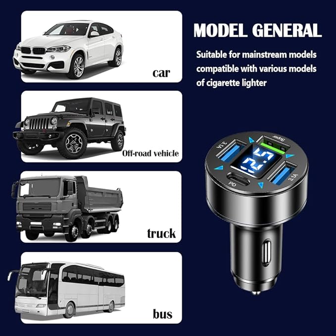 4-Port Fast Car Charger With Plug Outlet, LED Voltmeter, PD3.1, Super Port - Universal Cigarette Lighter USB Accessory Compatible With iPhone & Android (PD/Super)