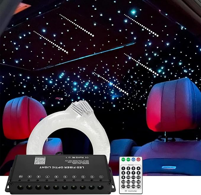 AMKI 100pcs*0.04in*16.4ft Pure White Shooting Stars Effect Fiber Optic Lights Kit,10Holes LED 5W Meteor Light Engine with Bluetooth+RF Remote Control 20 Meteor Modes