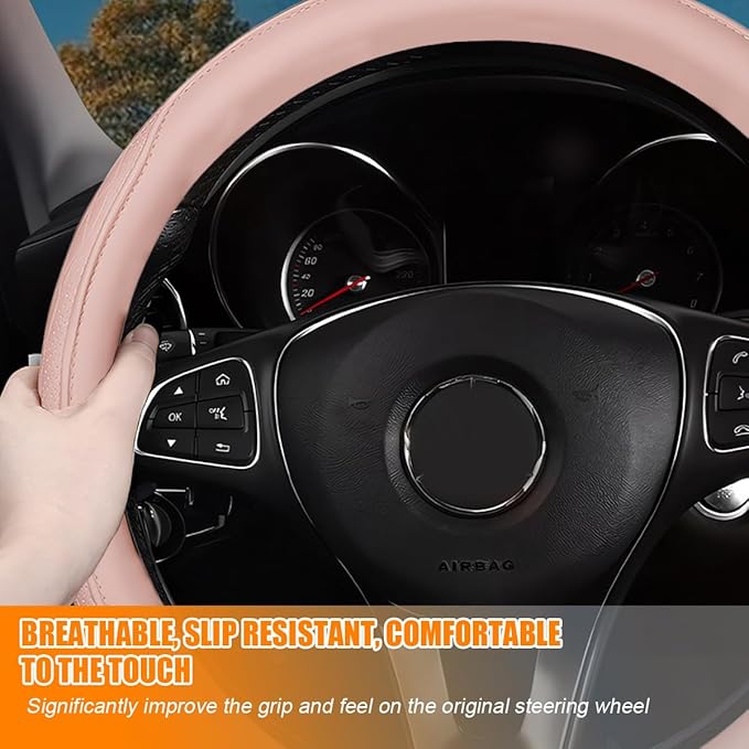 Car Steering Wheel Cover, 14.5-15" Breathable Soft Leather Vehicle Steering Wheel Protector with Anti-Slip Lining, Comfortable Auto Interior Decoration Accessories, Universal Fit (Pink)