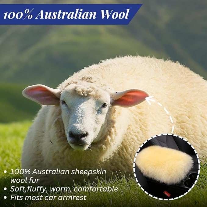 Andalus Brands Pure Australian Sheepskin Fluffy Car Center Console Cover, Luxurious Non-Shedding Furry Arm Rest Cover for Car, Versatile for All Seasons, Beige - (11.47" X 6.3")