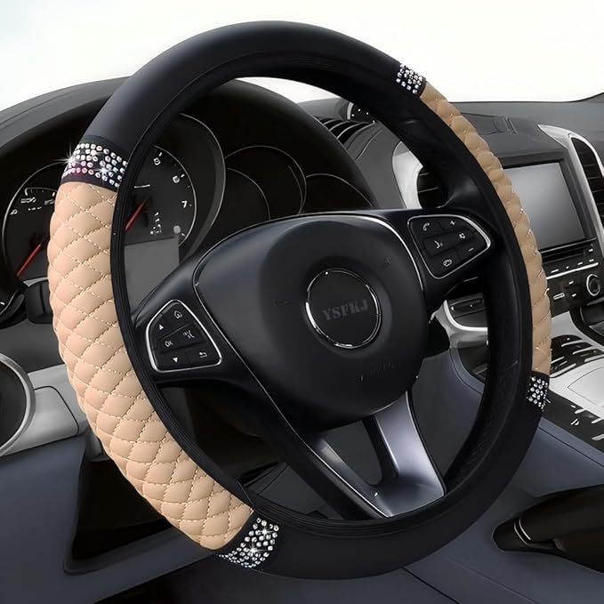 Soft Leather Car Steering Wheel Cover, Universal 15 Inch Colorful Rhinestones Anti-Slip Elastic Steering Wheel Covers for Most Cars, Sparkly Crystal Diamond for Women Girls (Beige)