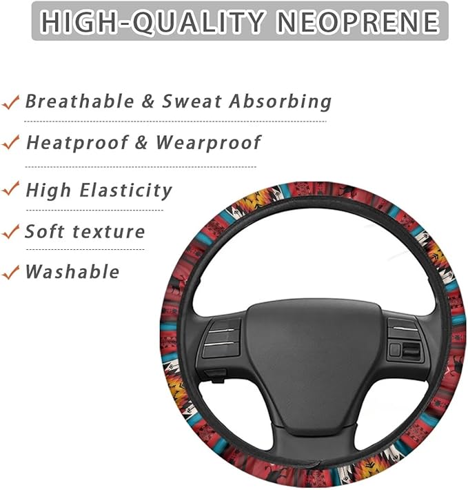 SEANATIVE Car Steering Wheel Cover for Men Breathable Anti Slip Auto Steering Wheel Covers fit Standard Size 15inches, Red Aztec Horse Print