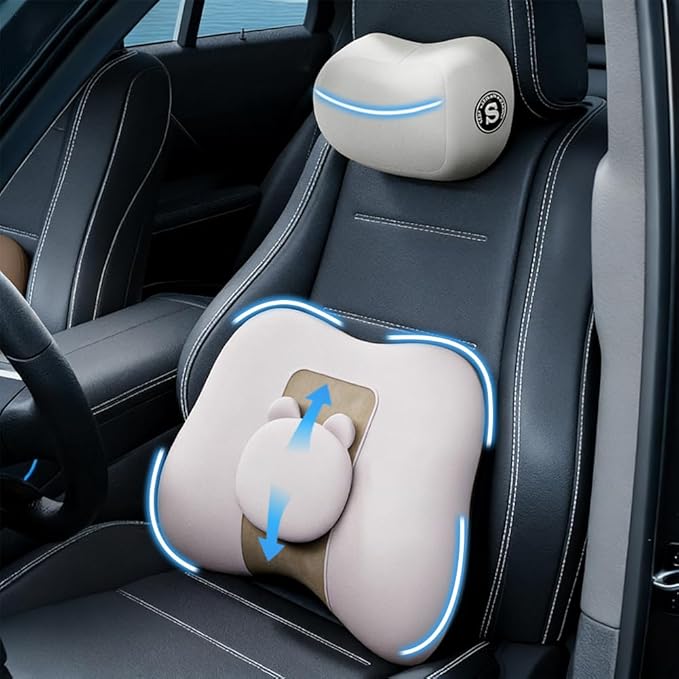 Car Lumbar Support and Neck Pillow for Driving Seat, Memory Foam Car Back Support Pillow & Headrest for Improve Posture, Driver Back Neck Sciatica Pain Relief Cushion (White Pink)