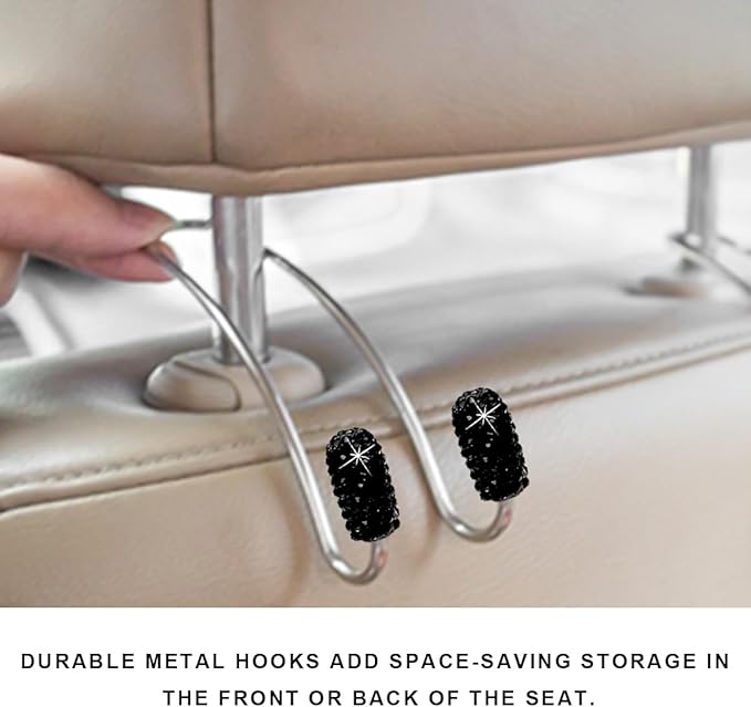 2PCS Car Headrest Hook, Bling Diamond Auto Hooks Stainless Steel Backseat Hangers, Universal Rhinestone Cute Seat Back Organizer Hanger for Purse Bag Clothes, Car Accessories (Black)