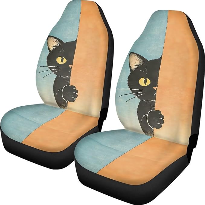 BIGCARJOB Cute Cat Car Seat Cover Set for Front Seat Only, 2 Pack Auto Front Seat Protector Saddle Blanket for Women Car Interior Accessories