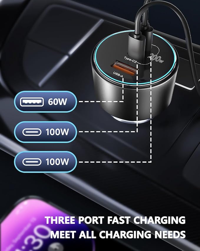 200W Car Charger, USB C Car Charger PD3.0 QC4.0 PPS Fast Charging Car Adapter with 2 100W USB C Cable 3 Port Type C Cigarette Lighter for Dell XPS, MacBook, iPhone 16 15 14, Galaxy S24 Ultra, iPad Pro