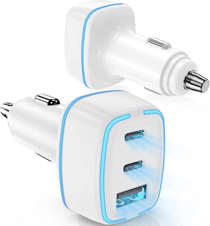 Hzevn USB C Car Charger, 3 Port PD Super Mini Cigarette Lighter Adapter, 2Pack USB-C & A Fast Car Charging for iPhone 16/15 Pro Max, Galaxy S25/S24, iPad, Pixel, Android Phones,White