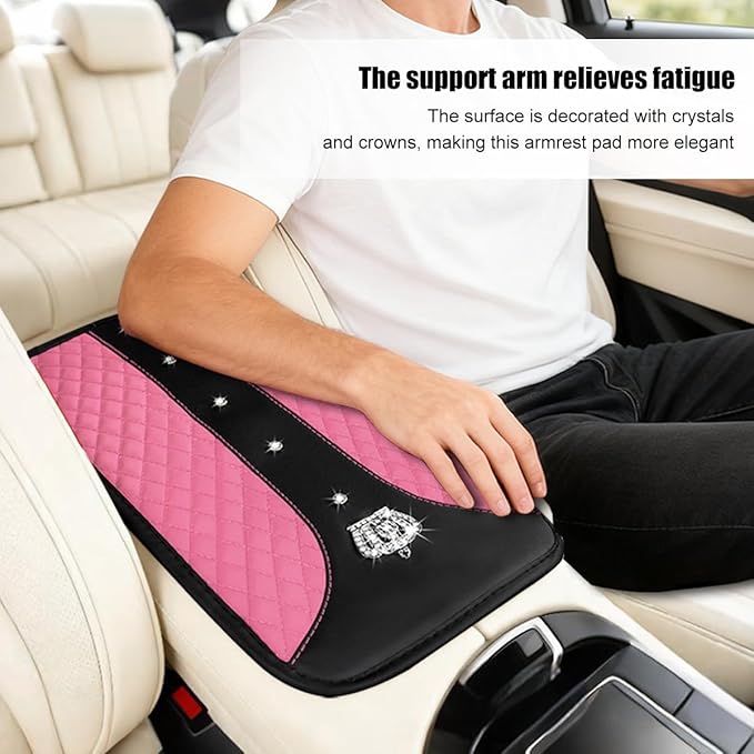 Bling Car Center Console Cover, Crown Crystal Rhinestones Vehicle Armrest Mat Protector, Anti Slip Sparkling Automotive Arm Rest Seat Box Cushion Pad Decor Accessories, Universal Fit (Pink)