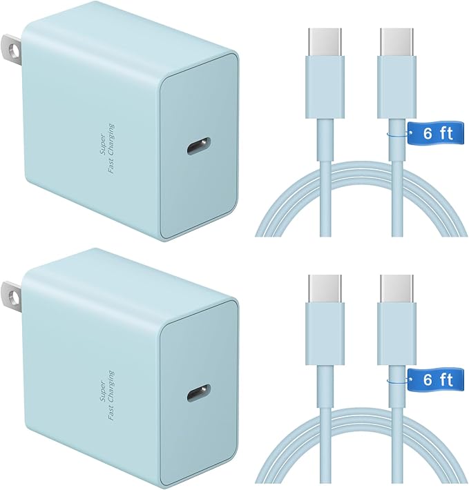 45W Type C Charger, USB C Charger 2-Pack iPhone 15 16 Charger 6FT with iPhone 16/16 Plus/16 Pro/16 Pro Max/iPhone 15/15 Pro Max/iPad Pro/AirPods/Galaxy S24 S23 S22 S21,Android Charger(Bule)