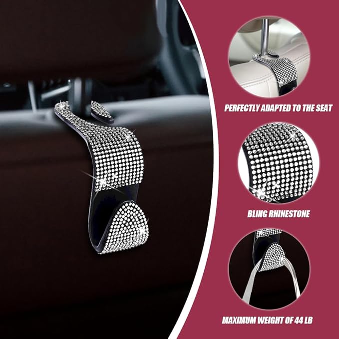 2 Pack Car Seat Headrest Hook, Bling Car Hooks Front Seat, Back Seat Organizer Hanger Storage Hook Car Purse Hook for Bags, Clothes, Coats, Grocery Bags (White)