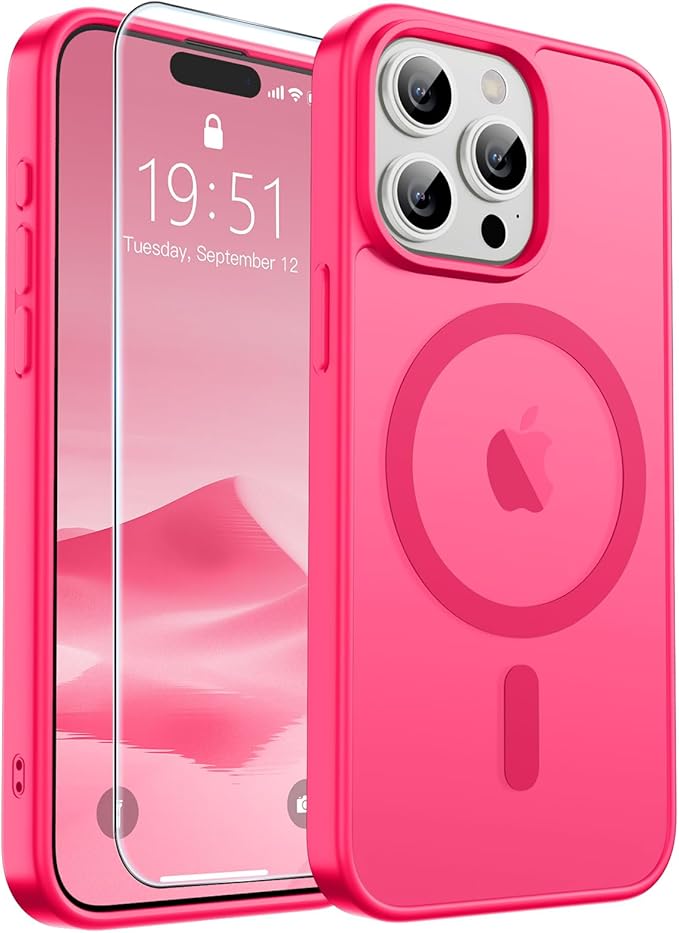 SUPFINE Magnetic for iPhone 15 Pro Case (Compatible with MagSafe) (Military Grade Drop Protection) Slim Translucent Matte Shockproof Phone Cover,Hot Pink