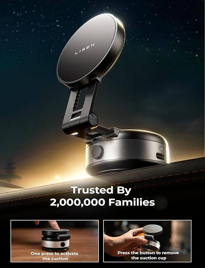 LISEN Electric Suction Cup Phone Mount, Vacuum Electric Suction Cup Phone Mount, for MagSafe Magnetic Suction Mount for iPhone 16/15/14/13/12,Black Kits