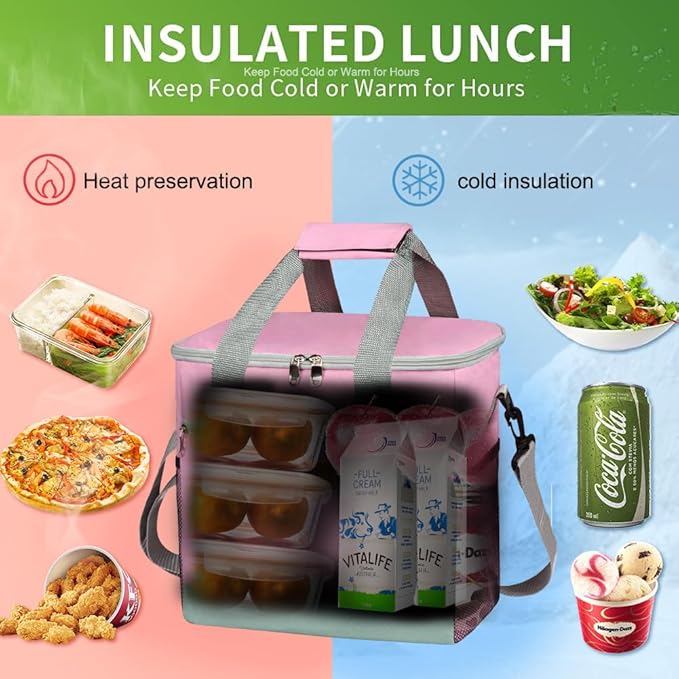 Iknoe Large Cooler Bag Collapsible 24 Can Insulated Bags Leakproof Lunch Cooler Tote with Multi-Pockets for Adult Insulated Thermal Bag for Beach, Picnic, Office Work(Pink)