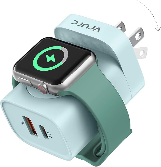 VRURC Charger for Apple Watch, Built-in Wireless Magnetic Charging Station for iWatch SE/11/10/9/8/7/6/5/4, PD 20W USB C Charging Block, Folable Wall Charger Fast for iPhone 17/16/15/14/13-Green