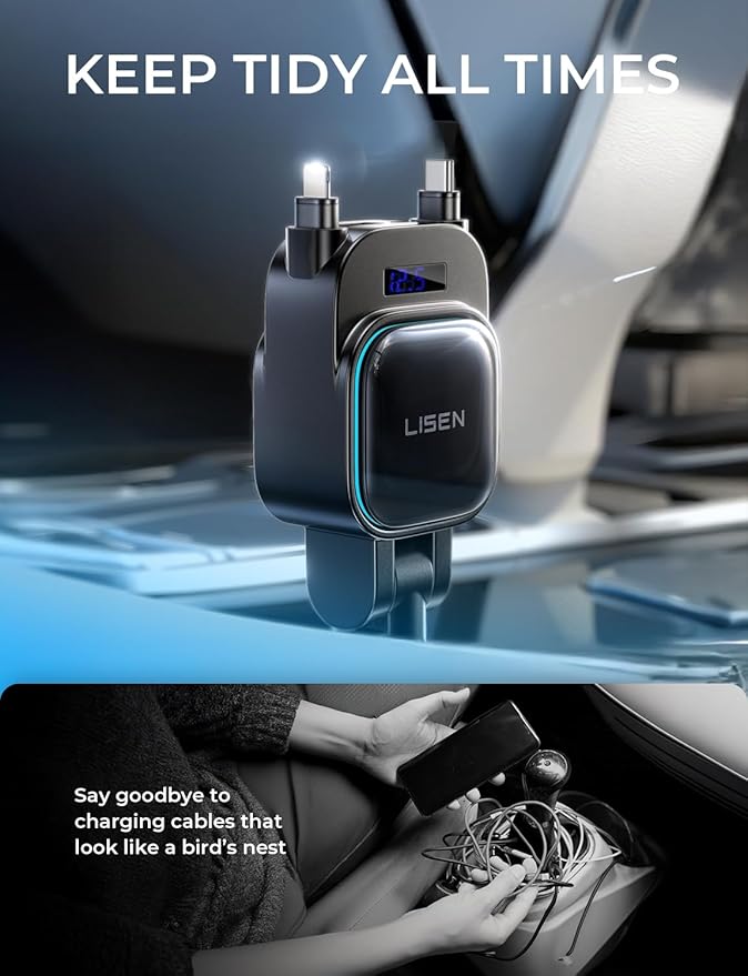 LISEN 96W for iPhone 17 Pro Max Retractable Car Charger [USB C & L Cable], 4 in 1 Fast Charging Retractable Car Charger Cigarette Adapter for iPhone 16 15 14 13 12,Samsung Galaxy S25 S24, Android