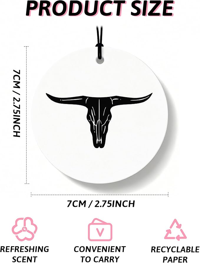 Western Round Car Air Freshener 4 Pcs, Preppy Cow Skull Cactus Cowgirls Boots Hanging Air Freshener for Cars Closet Drawer Books, Black and White Western Car Accessories Mirror Decor for Women
