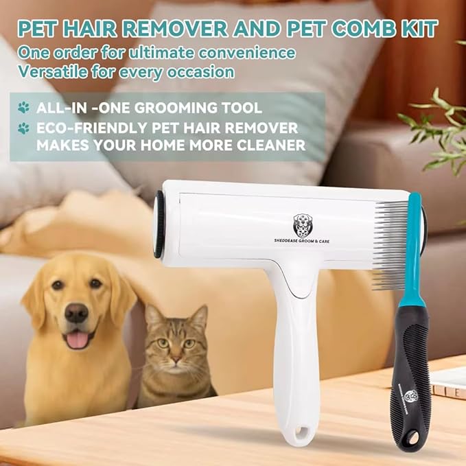 SheddEase Groom & Care Reusable Dog & Cat Pet Hair Remover for Furniture, Couch, Carpet | Deshedding Comb for Shedding, All-in-One Pet Hair Remover & Grooming Comb Kit