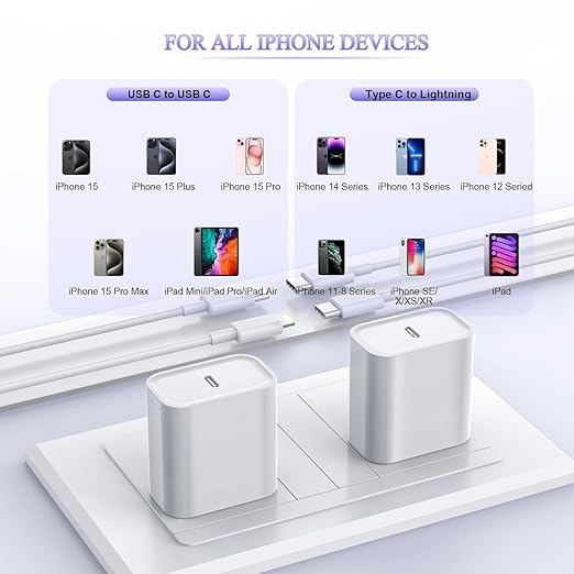 Extra Long 10FT iPhone Fast Charger,i Phone Charger Fast Charging【MFi Certified】2Pack 20W PD Fast USB C Charger Block + 10Foot i Phone Charging Cable Cord for iPhone 15/14/13/12/11/XS/XR/SE2022/8/iPad